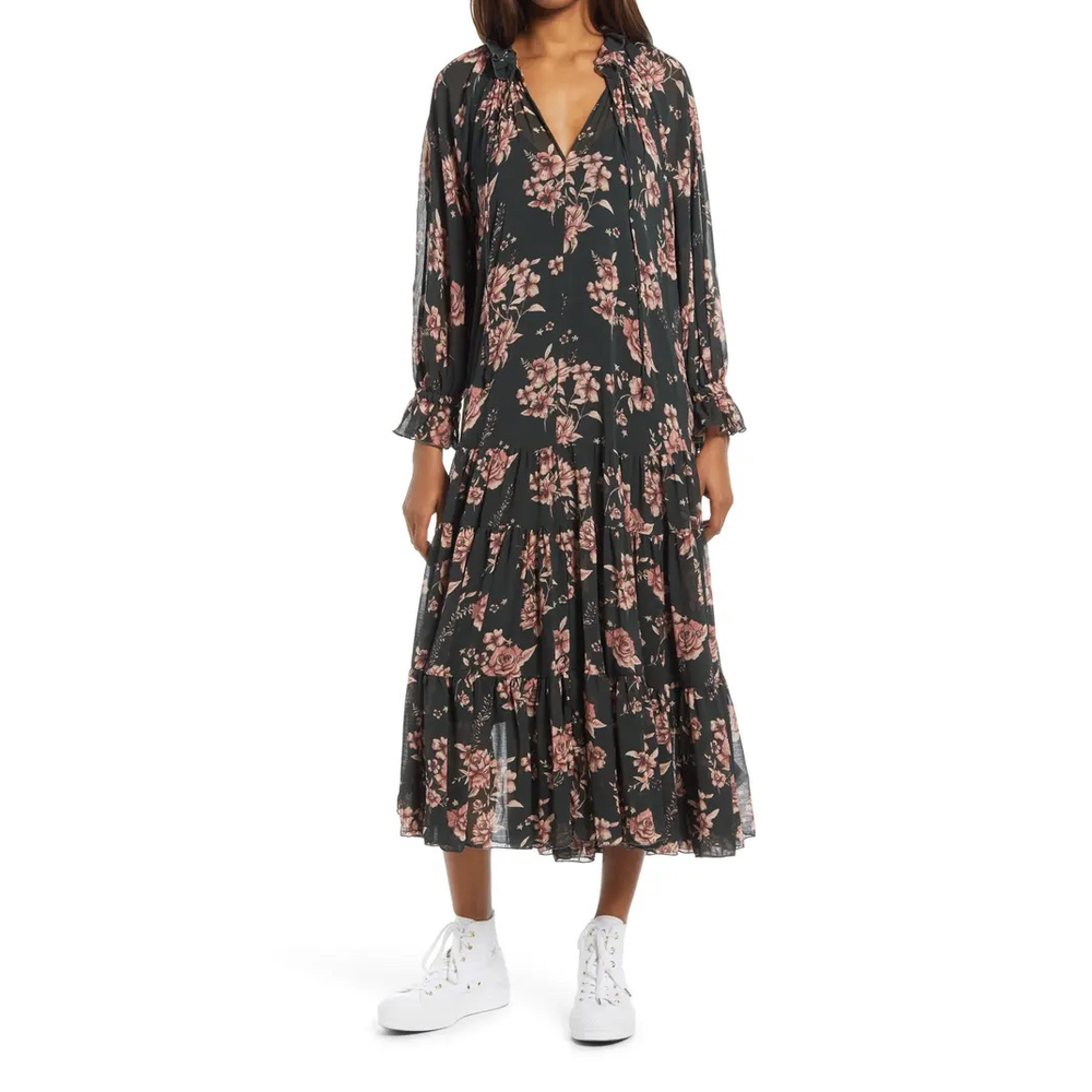 Floral Tiered Midi Dress in Black and Pink